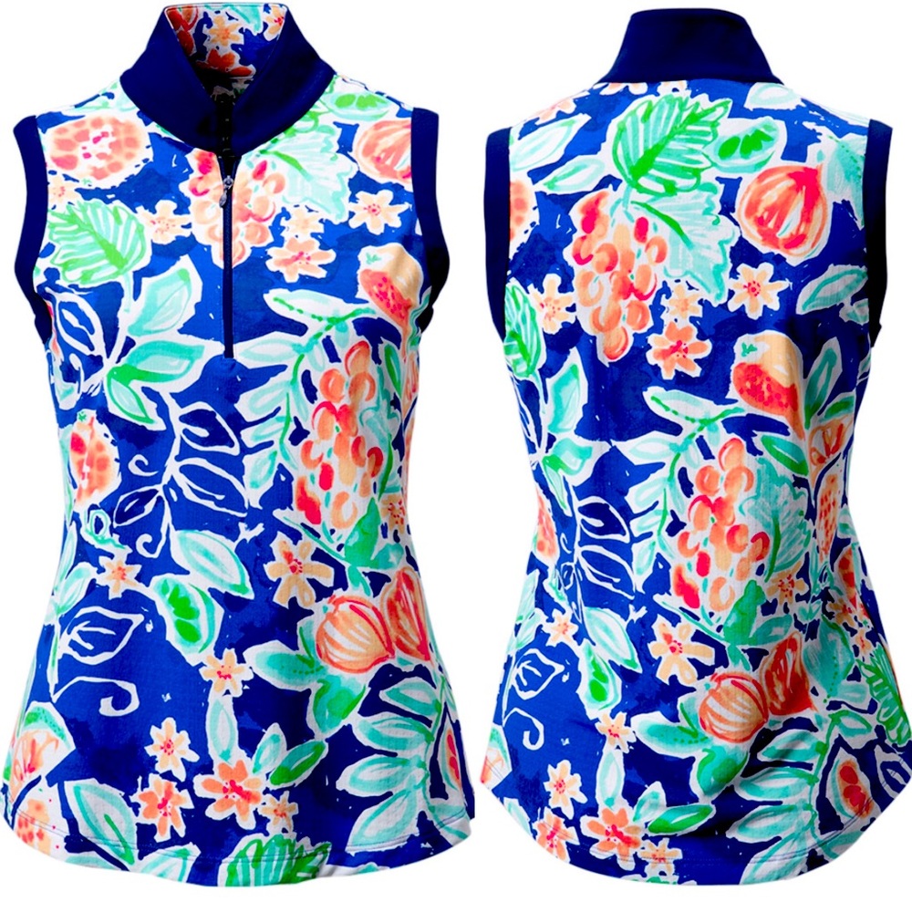 ❄️ IBKUL Sleeveless Zip Mock Neck Tutti Navy Stay Cool Graphic Tee Sports Golf